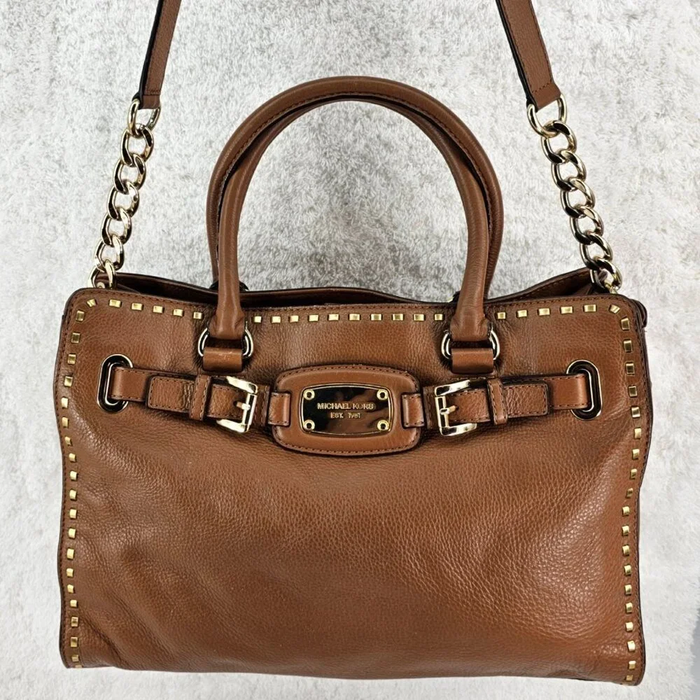 Michael Kors Hamilton Luggage Brown Pebble Leather Whipstitch Satchel Crossbody